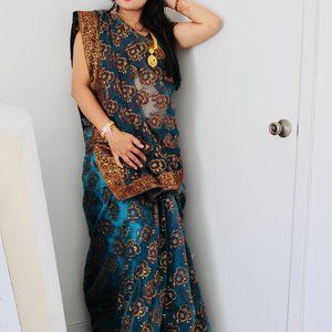 Teal Blue Organza Tissue Sari With Blouse